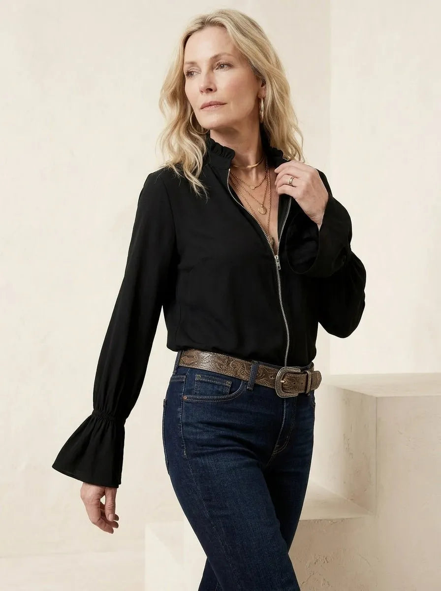 Zwarte Slim Fit Vest | Dubbele Rits & Ruches Mouwen - Miss Madera MIS-D7537E