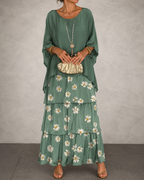 Jurk Dames Elegante Chiffon Maxi - Chiffon - Groen met bloemenprint