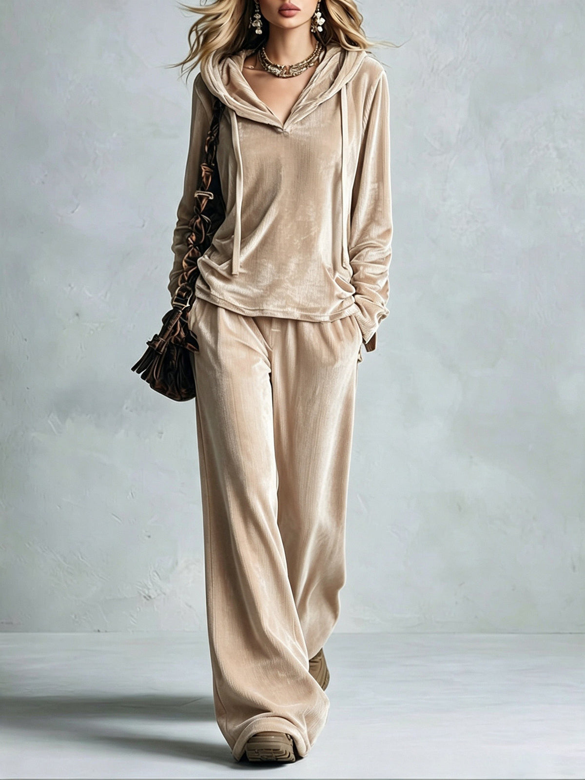 Co-ord set Dames Fluweel Capuchon Wijde Pijpen Lange Mouw