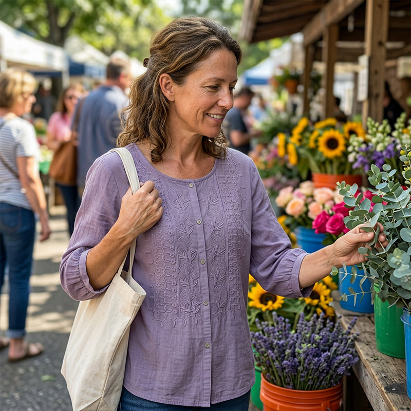 Blouse Dames Geborduurde Bloemen Luchtige Pasvorm - Katoen-Linnen