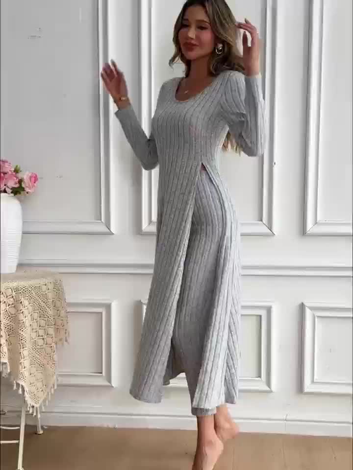 Miss | Loungeset Dames Ribgebreid Lang Vest Splitdetail