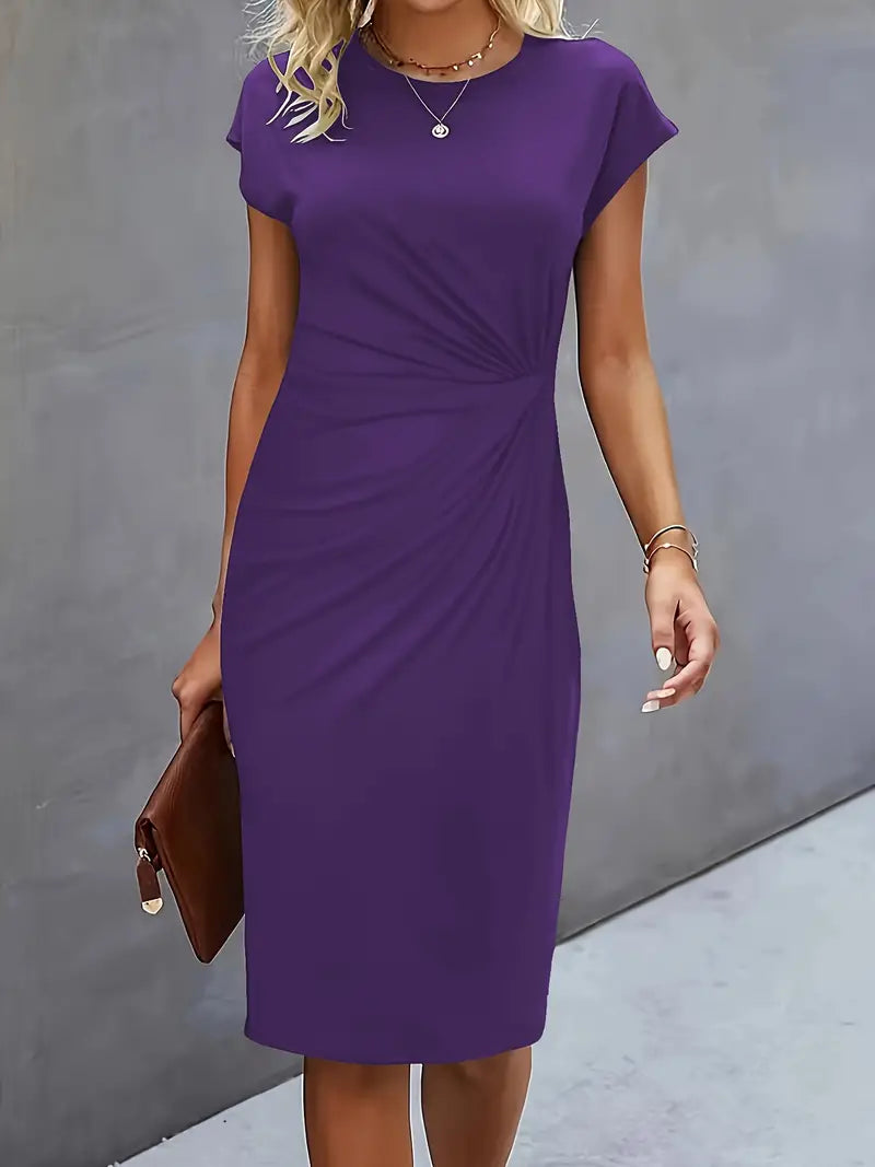 Jurk Dames Getailleerd Midi Ronde Hals - Polyester - Violetblauw