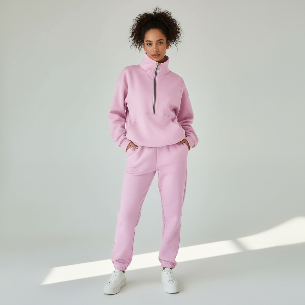 Tweedelige Set Dames Halfzip Trui en Broek – Co-ord Set