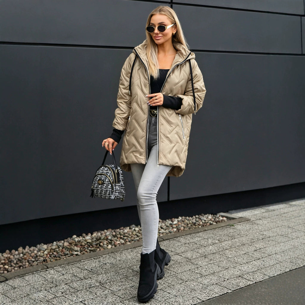 Jas Dames Gewatteerd Midi Capuchon Elegante Pasvorm