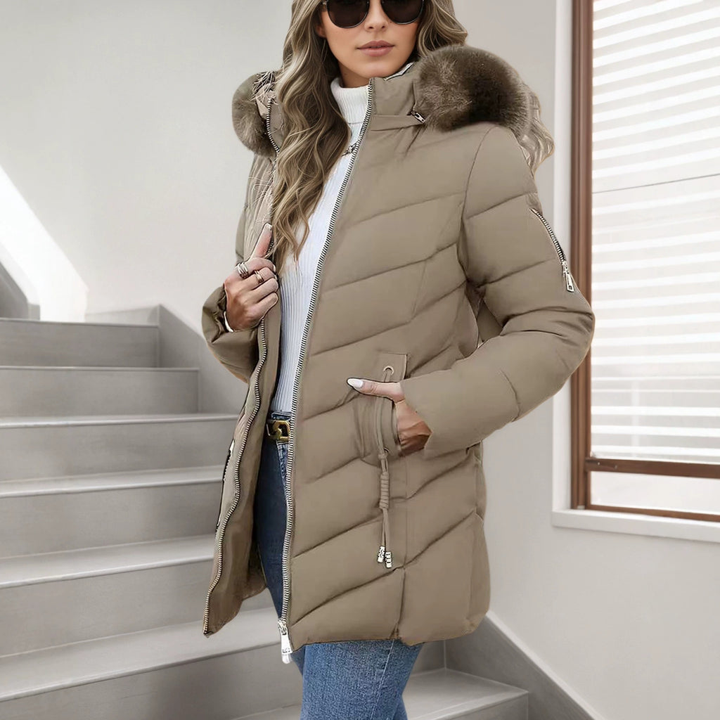 Jas Dames Slim Fit Capuchon Bontkraag Gewatteerd