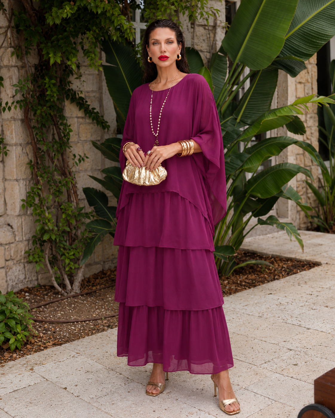 Jurk Dames Elegante Chiffon Maxi - Chiffon - Paarsrood