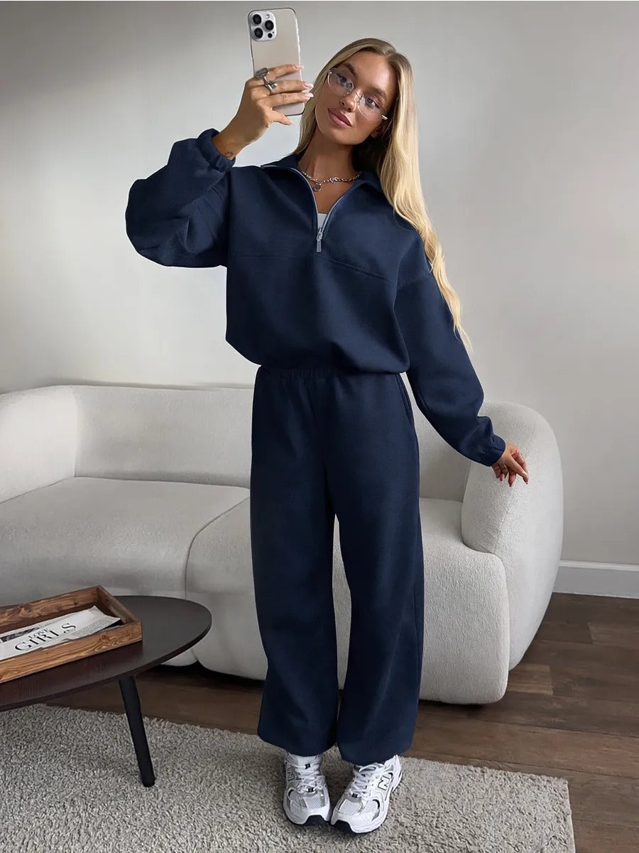 Co-ord set Dames Fleece Gevoerd Kraag Sweater Rechte Pijp