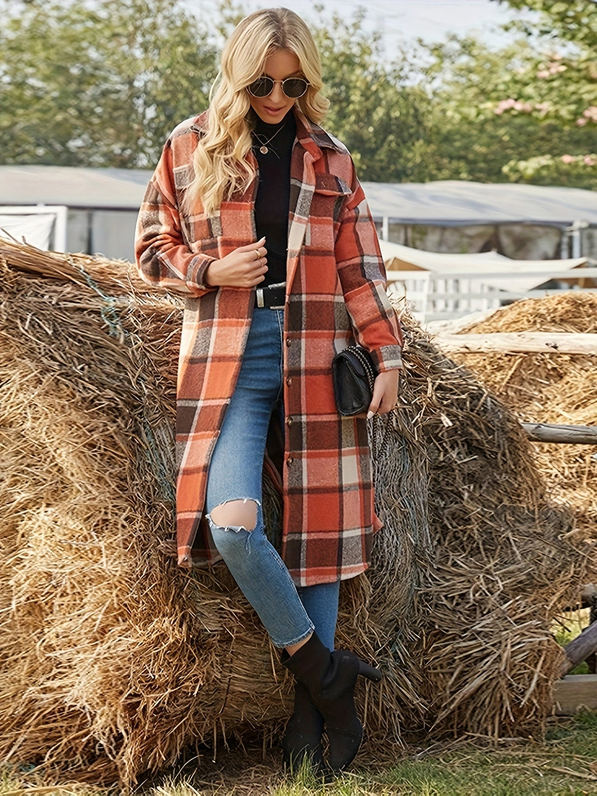 Jas Dames Lang Geruite Relaxed Fit Knoopsluiting