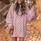 Jurk Dames Oversized Kabelpatroon Herfst/Winter - Gebreid - Dunkelrosa