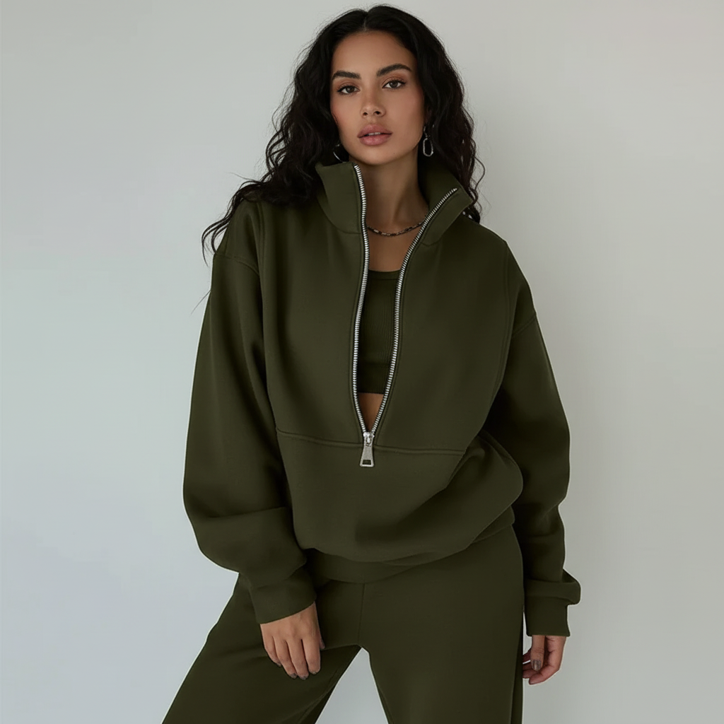 Tweedelige Set Dames Halfzip Trui en Broek – Co-ord Set