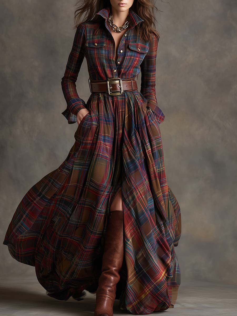 Jurk Dames Klassiek Hemdmodel Vintage Ruit - Viscose - Rötlich Braun