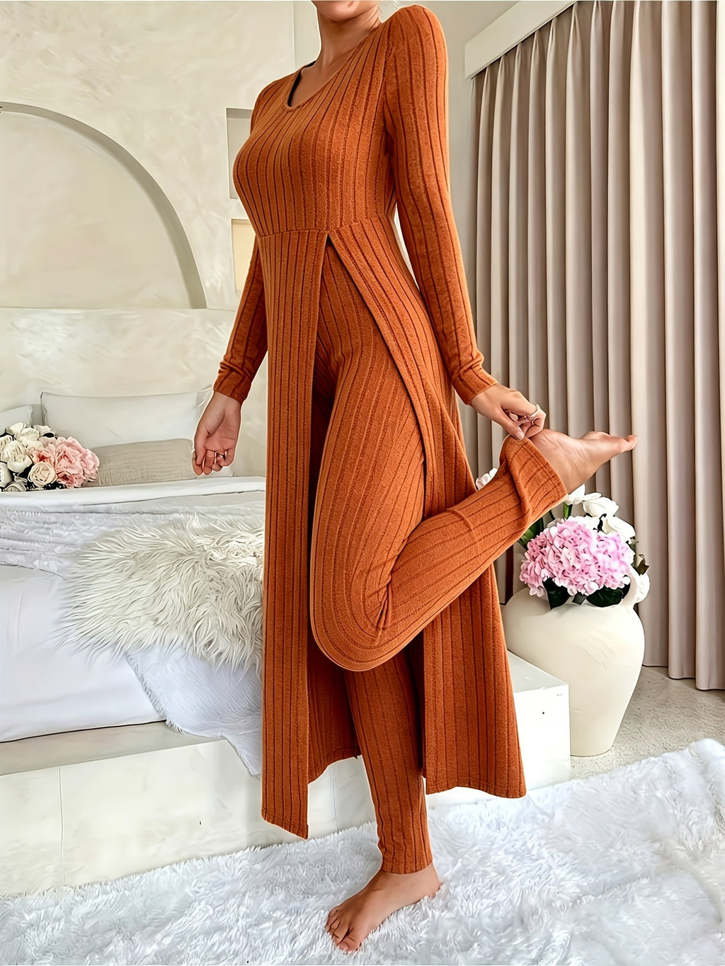 Miss | Loungeset Dames Ribgebreid Lang Vest Splitdetail