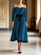 Fluwelen Jurk Dames Off Shoulder Midi met Kanten Rand – Feestjurk
