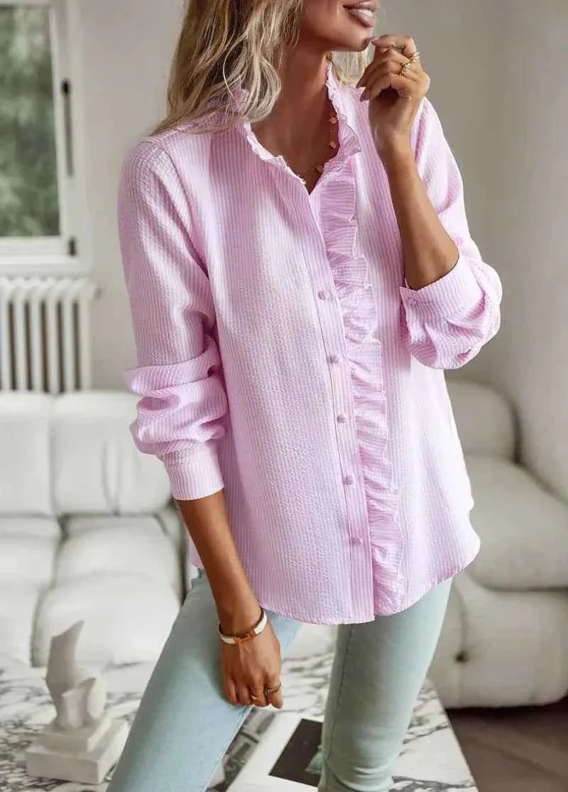 Blouse Dames | Ruches Kraag Gestreept Feminine - Miss Madera