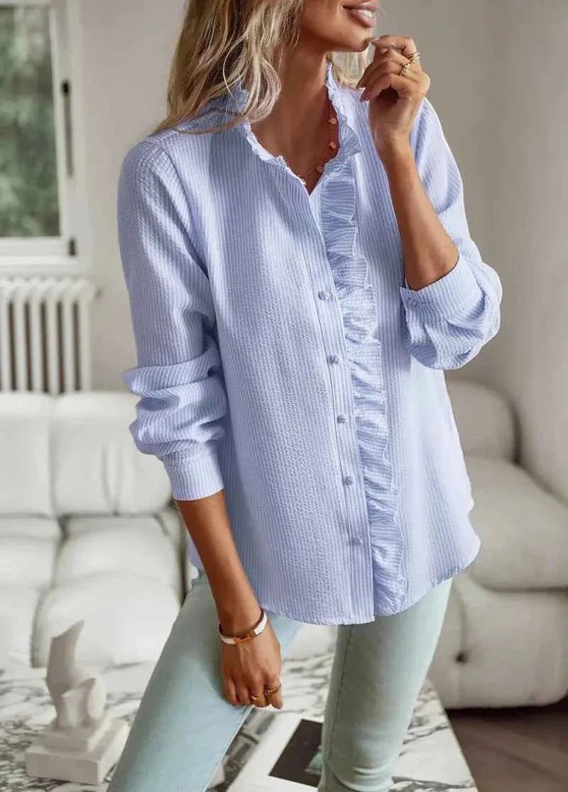 Blouse Dames | Ruches Kraag Gestreept Feminine - Miss Madera