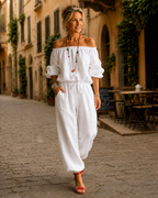Jumpsuit Dames Open Schouder Veterdetail - Katoen - Wit