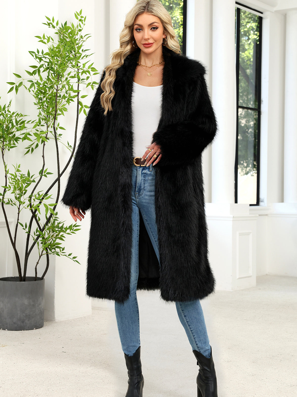 Jas Dames Lang Fluffy Faux Fur Lange Mouw