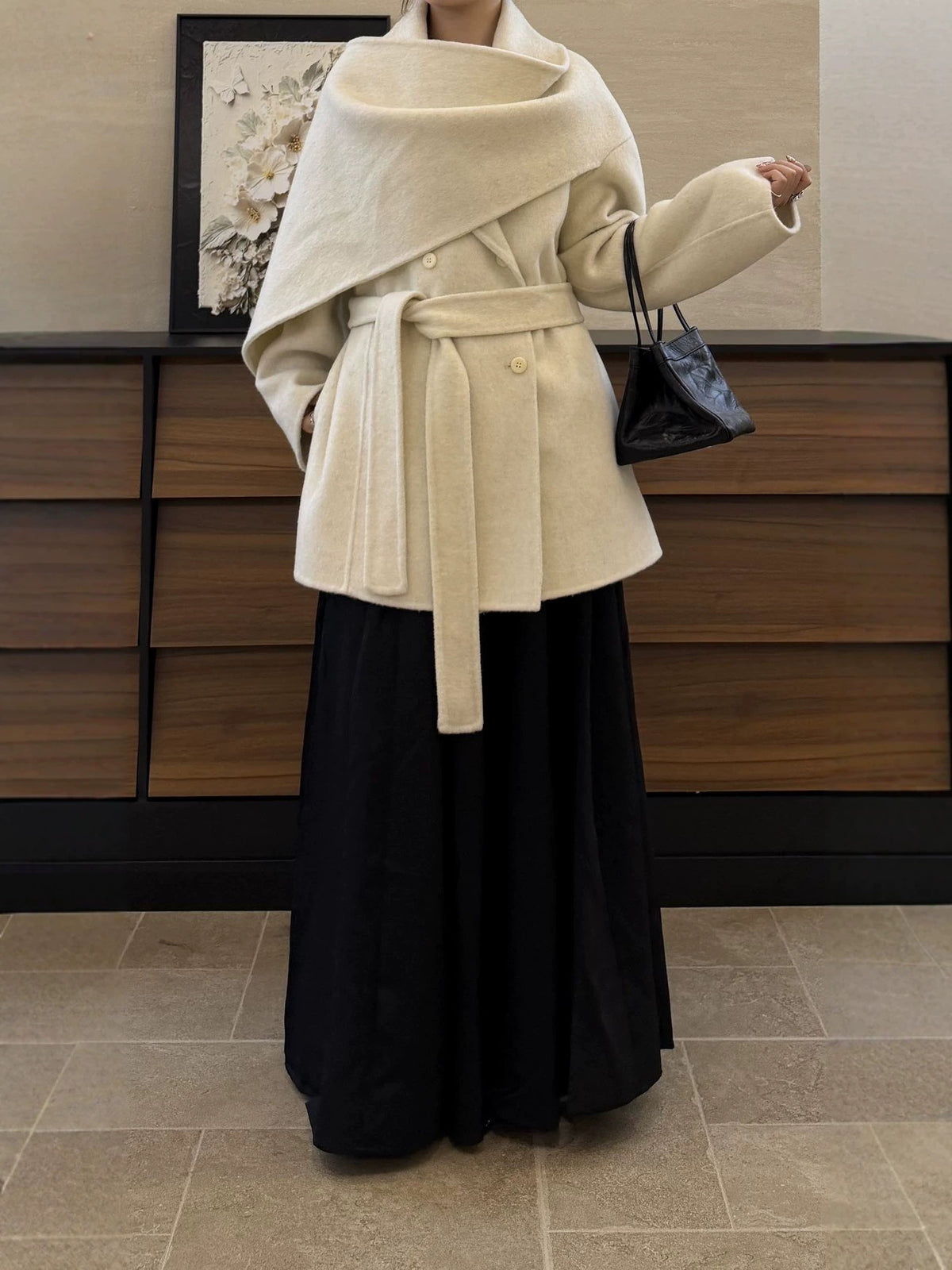 Jas Dames Asymmetrische Cape Kraag Dubbelrijig Ceintuur