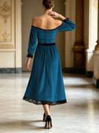 Fluwelen Jurk Dames Off Shoulder Midi met Kanten Rand – Feestjurk