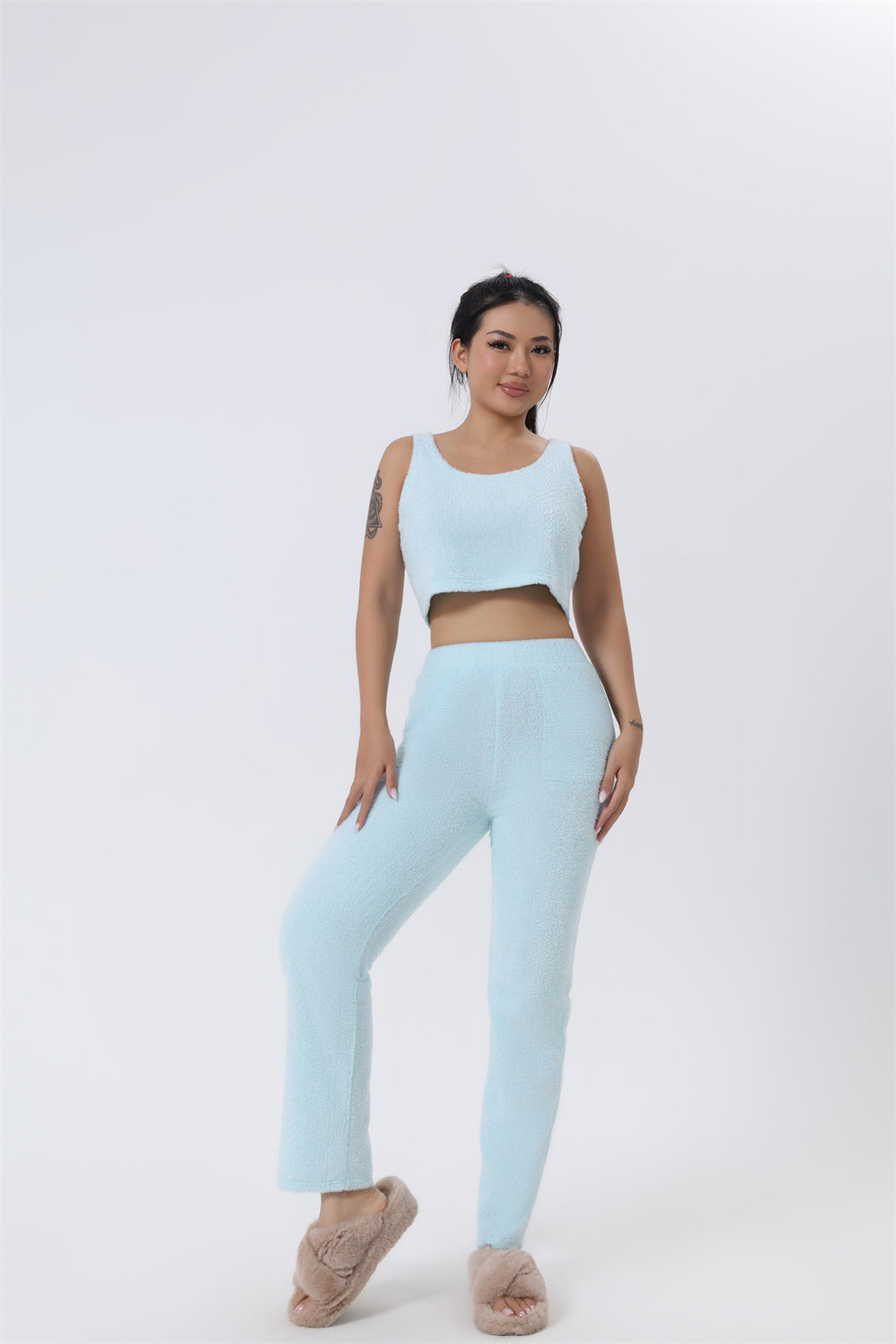 Nachtkleding Dames 3-Delig Fluffy Loungewear Wijde Pijpen
