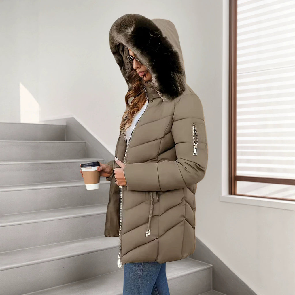 Jas Dames Slim Fit Capuchon Bontkraag Gewatteerd