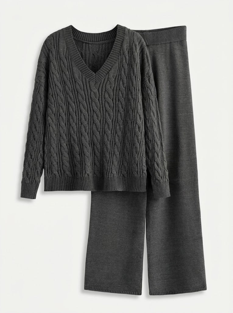 Co-ord set Dames Cable-Knit V-hals Wijde Pijpen Lang