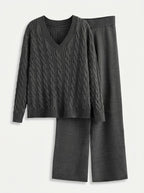 Co-ord set Dames Cable-Knit V-hals Wijde Pijpen Lang