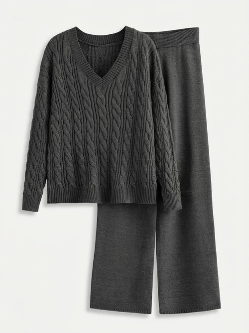 Co-ord set Dames Cable-Knit V-hals Wijde Pijpen Lang