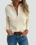 Trui Dames Half-zip Ribgebreid met Omslagkraag - Beige