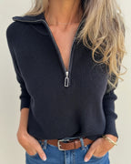 Trui Dames Half-zip Ribgebreid met Omslagkraag - Zwart