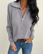 Trui Dames Half-zip Ribgebreid met Omslagkraag - Grijs