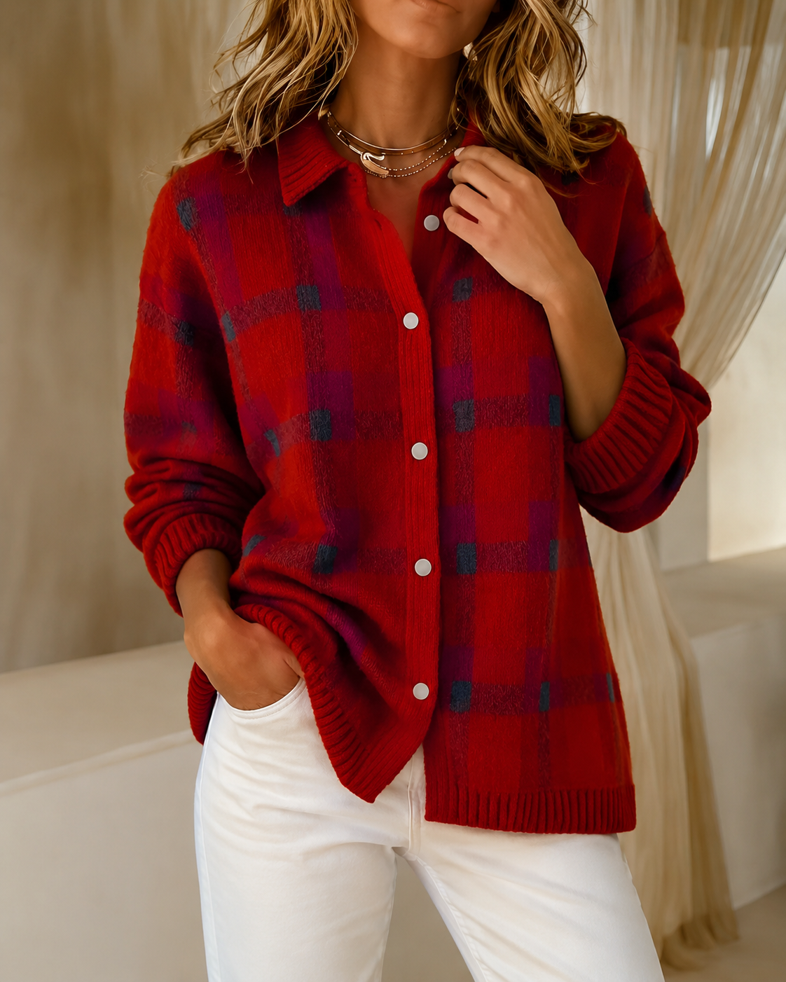 Trui Dames Geruit Retro Gebreid - Acryl - Rood