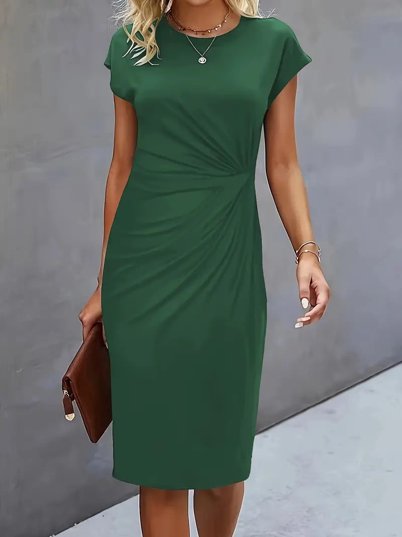 Jurk Dames Getailleerd Midi Ronde Hals - Polyester - Donkergroen