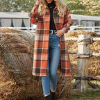 Jas Dames Lang Geruite Relaxed Fit Knoopsluiting