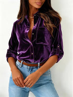 Velvet Top Dames Blouse Lange Mouw – Fluwelen Feestblouse