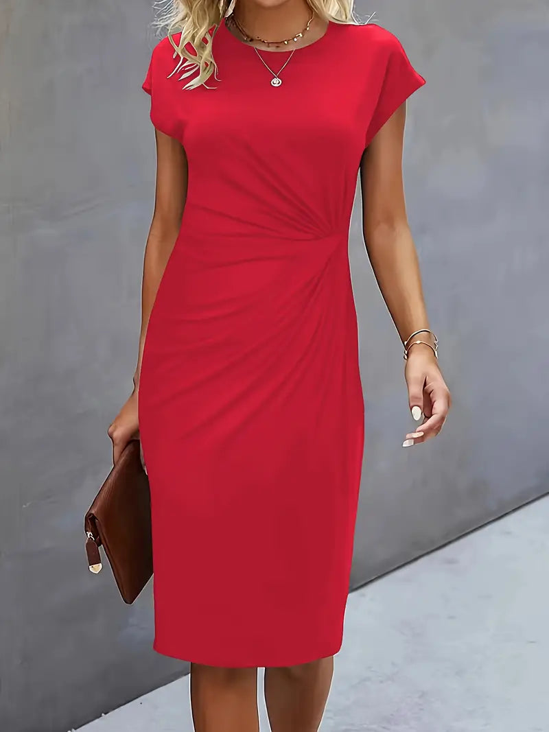Jurk Dames Getailleerd Midi Ronde Hals - Polyester - Rood