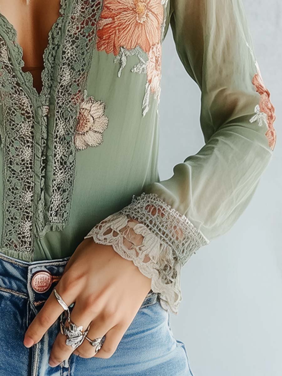 Chiffon Blouse Dames – Olijfgroen | V - hals Boho - Miss Madera