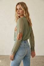 Chiffon Blouse Dames – Olijfgroen | V - hals Boho - Miss Madera