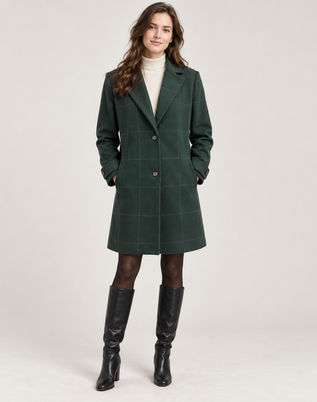 Jas Dames Geruite Wintermantel Slim Fit Knoopsluiting