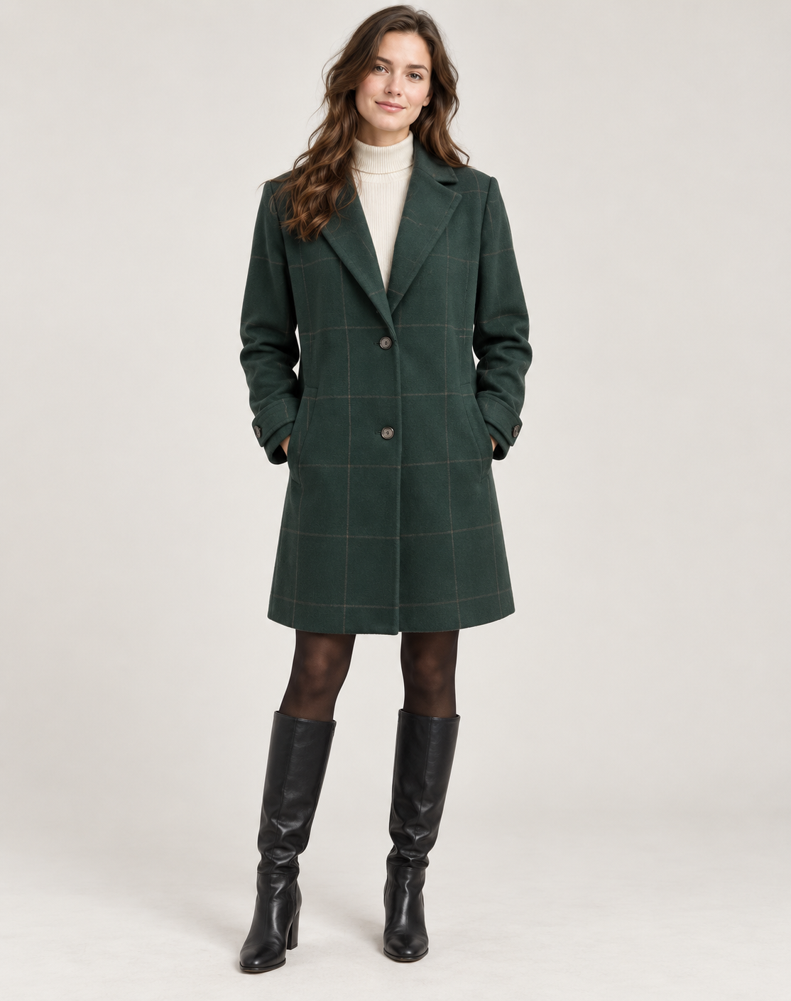 Jas Dames Geruite Wintermantel Slim Fit Knoopsluiting