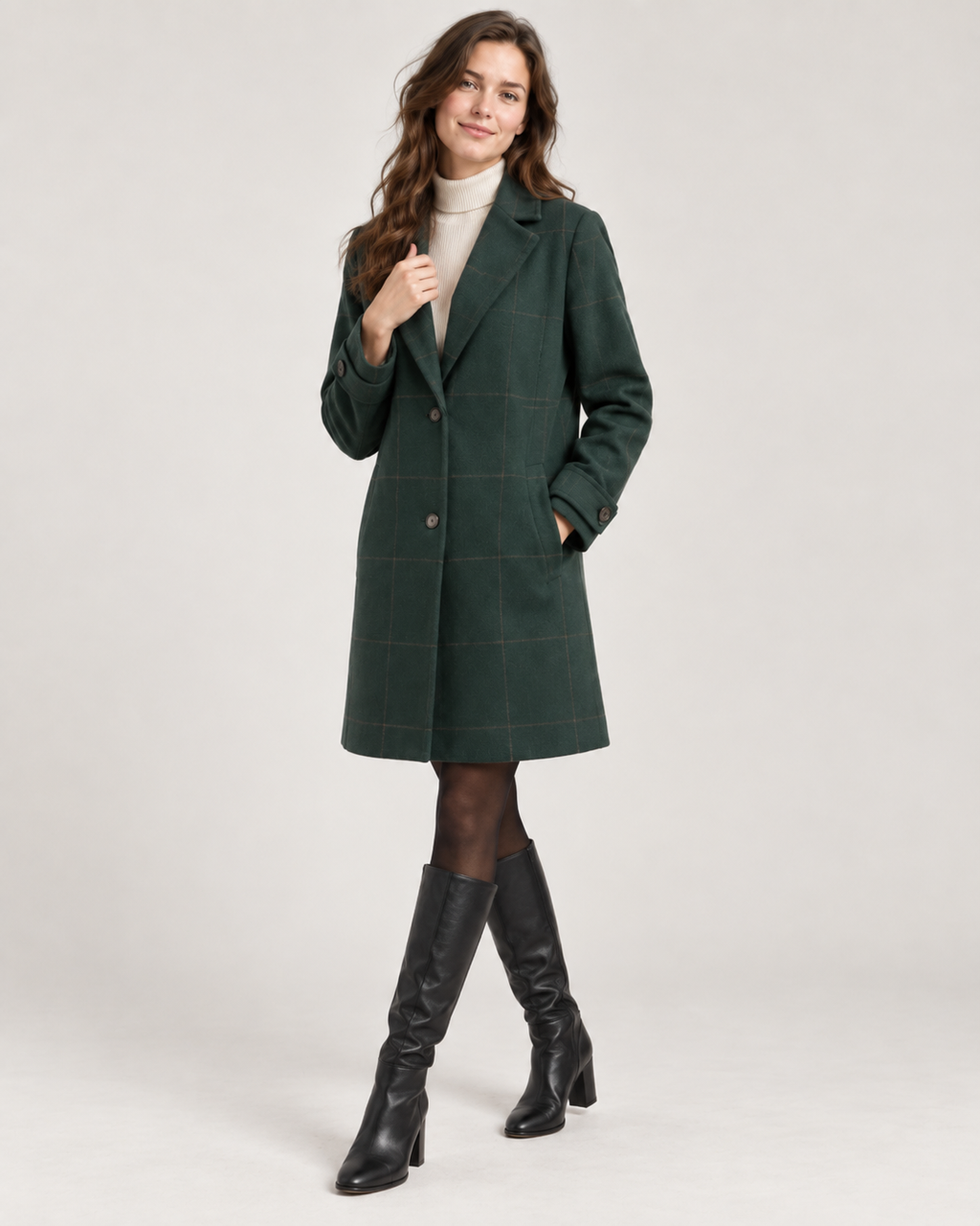 Jas Dames Geruite Wintermantel Slim Fit Knoopsluiting