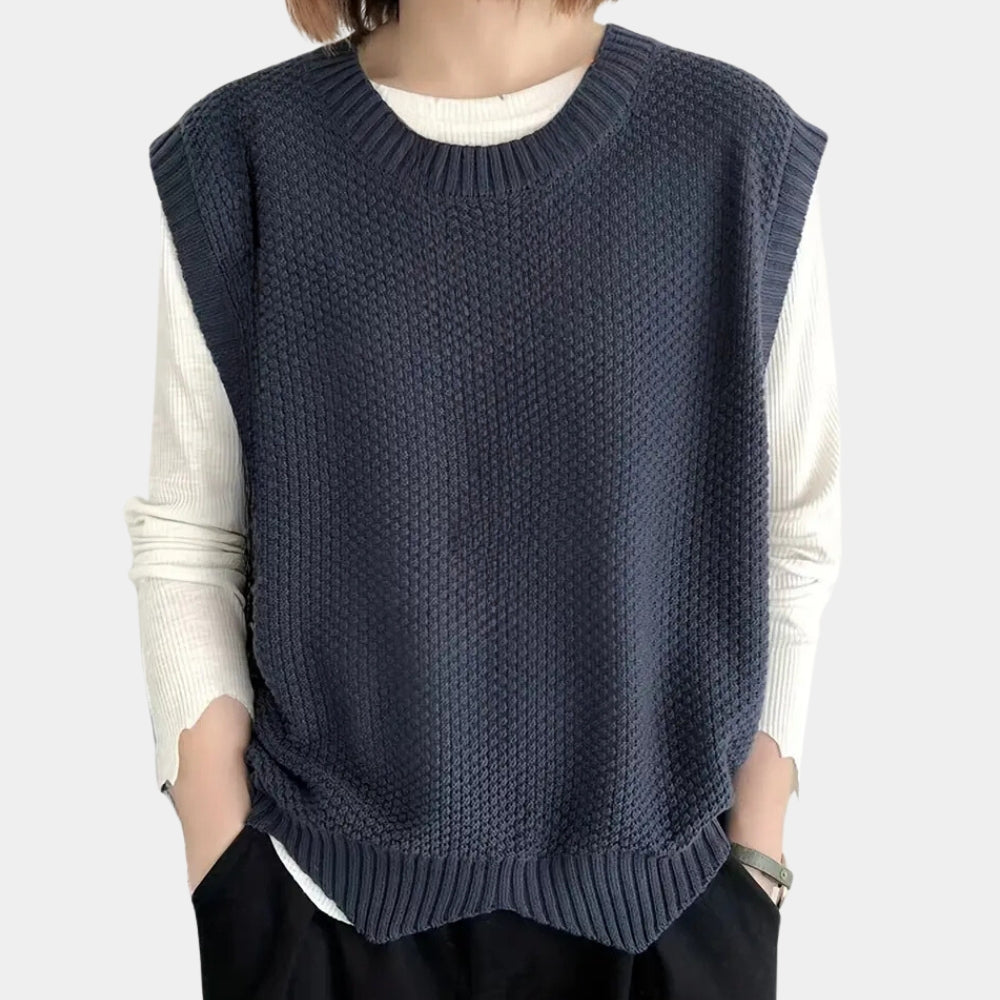 Trui Dames Mouwloos Ronde Hals Losvallend - Gebreid - Marineblauw