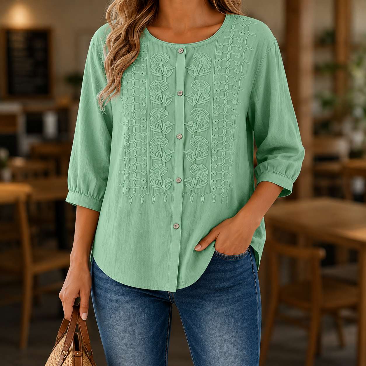 Blouse Dames Geborduurde Bloemen Luchtige Pasvorm - Katoen-Linnen - Groen