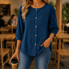 Blouse Dames Geborduurde Bloemen Luchtige Pasvorm - Katoen-Linnen - Donkerblauw
