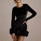 Fluwelen Jurk Dames Plissé Lange Mouw – Velvet Jurk