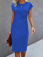 Jurk Dames Getailleerd Midi Ronde Hals - Polyester - Blauw