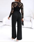 Jumpsuit Dames Kanten Overlay V-Hals Lange Mouw