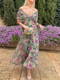 Chiffon Short-sleeved Dress Summer Fashion Print V-neck Long Dress, Women's Clothing