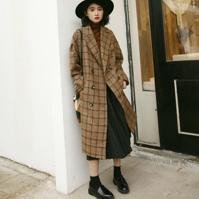 Trenchcoat Dames Geruite Rechte Pasvorm Onder de Knie Lange Mouw
