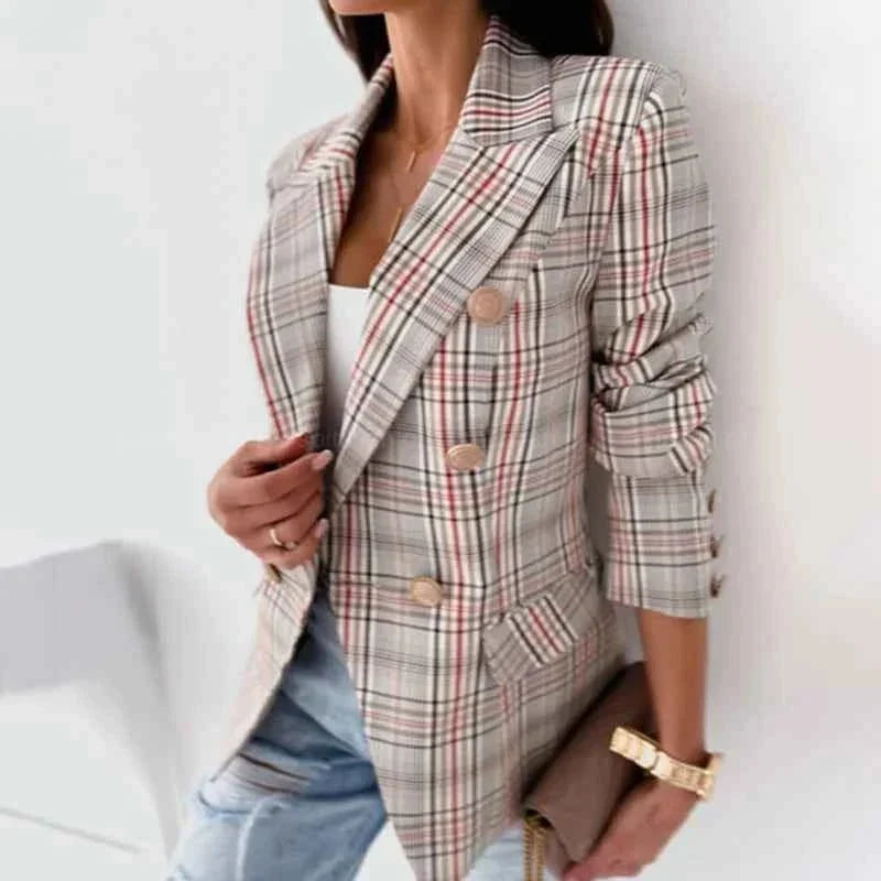 Blazer Dames Geruit Double-Breasted Getailleerd